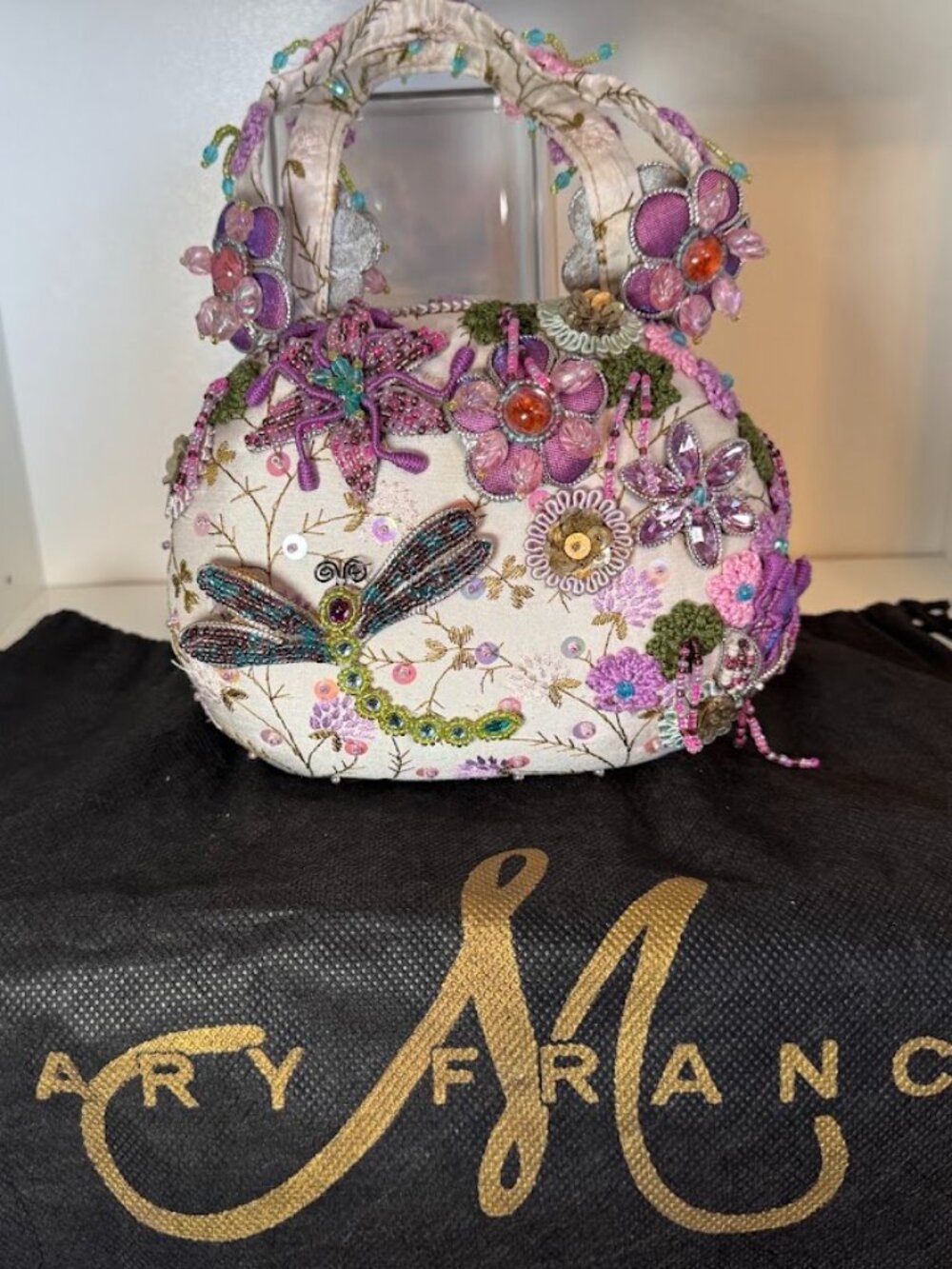 Mary Frances Ivory Dragonfly Floral Beaded Embroidered Top Handle Handbag NWOT